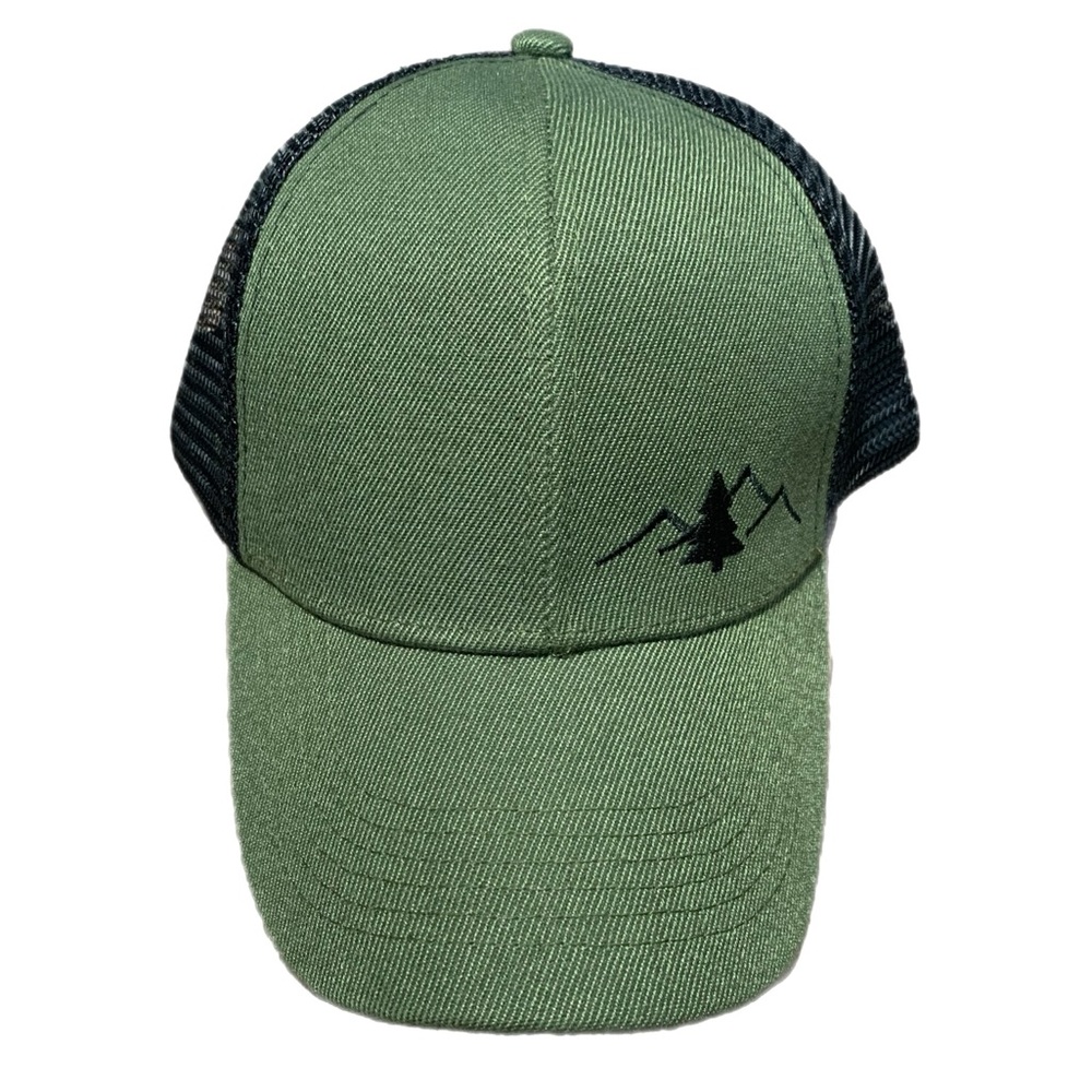 New! Green and Black Trucker Hat With Embroidered Mountains